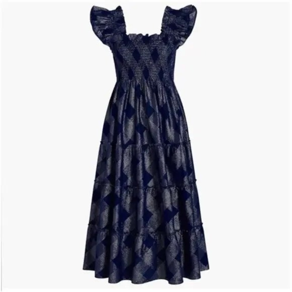 Hill House Home Ellie Nap Dress Navy Blue Silver Metallic Plaid Smocked Midi L